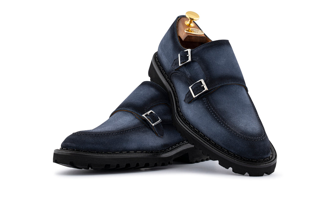 Doppia fibbia in camoscio azzurro