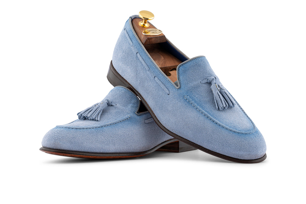 Mocassino in suede con pon pon Celeste