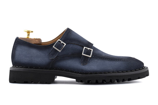 Doppia fibbia in camoscio azzurro