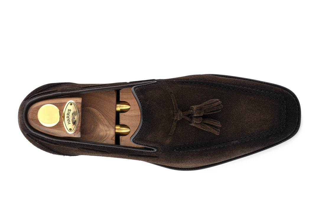 Mocassino con pon pon in pelle scamosciata sfumata a mano