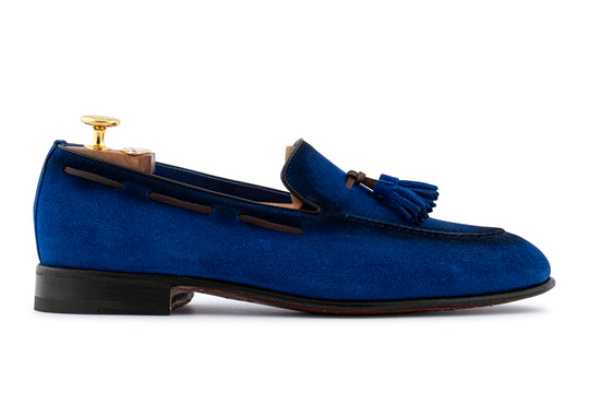 Mocassino in suede con pon pon Blu