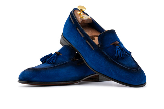 Mocassino in suede con pon pon Blu