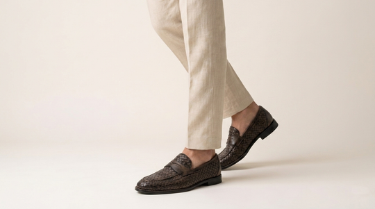 Hand-painted woven leather moccasin