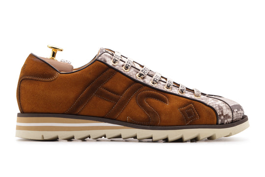 Sneaker in suede e pitone marrone