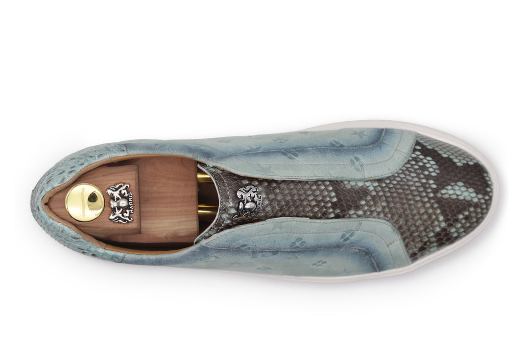 Sneakers slipon in suede stampato e pitone Celeste