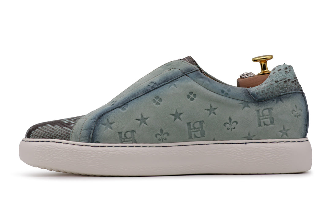 Sneakers slipon in suede stampato e pitone Celeste